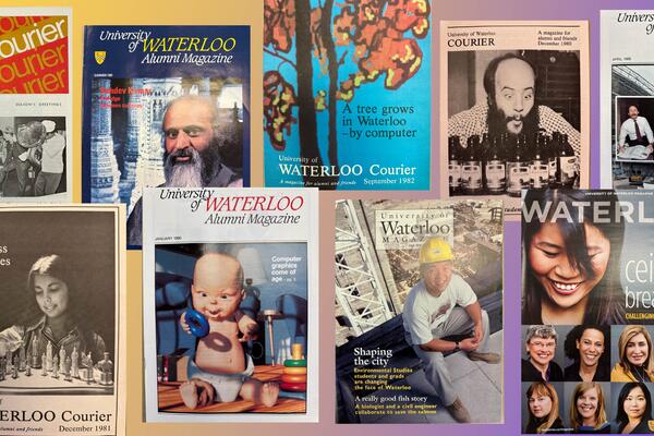 A collage of old Waterloo Magazine covers
